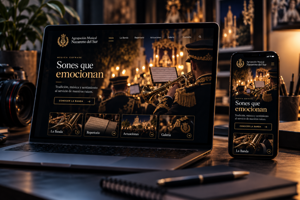 Mockup web musical en negro y oro
